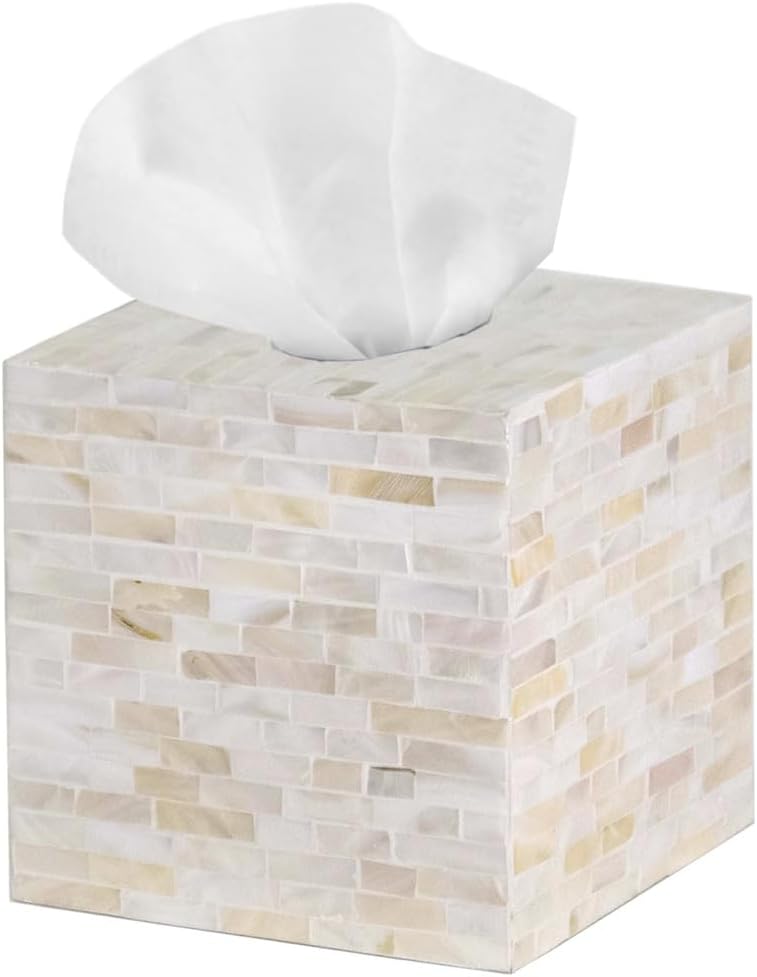 PEMAR 5.9″ Handmade Mother of Pearl Tissue Box Cover – Acacia Wood Cube, 5.35″ Interior Fits 5″ Square Boxes, Sliding Bottom, Lacquer Rustic Farmhouse Decor (Milano) - Image 1